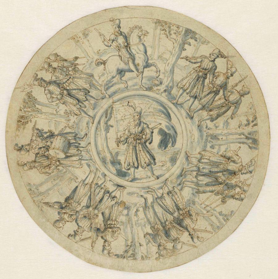 Roundel with Standing Soldiers and Their Captain on Horseback, a Swiss Foot Soldier (Landsknecht) as Flag Bearer in the Centre Medaillon