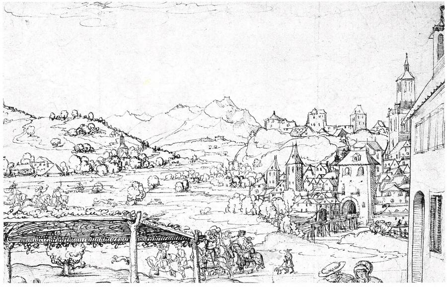 Landschap met stadsgezicht en een groep ruiters