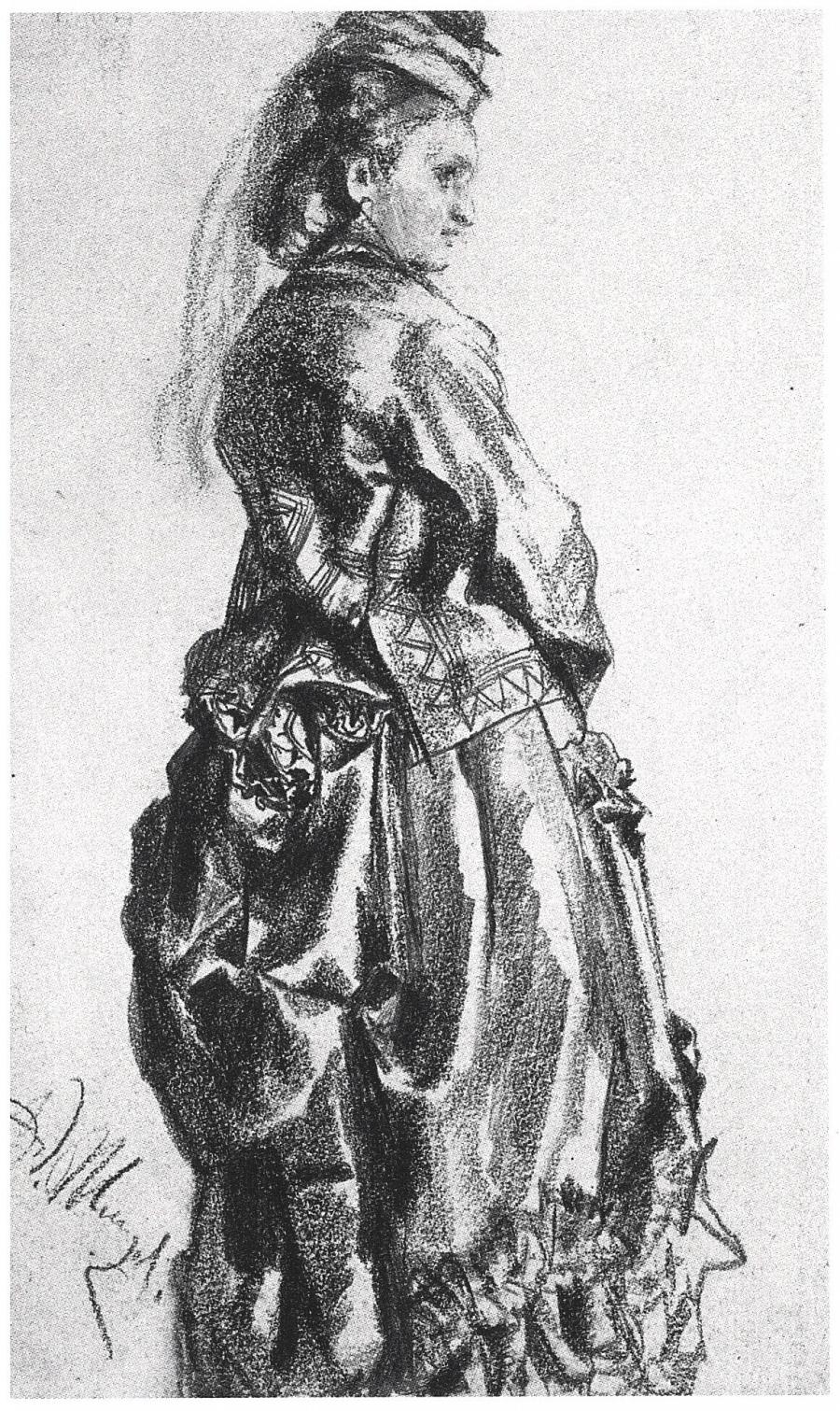 Standing Lady Wearing a Silk Gown and Hat, Facing Right