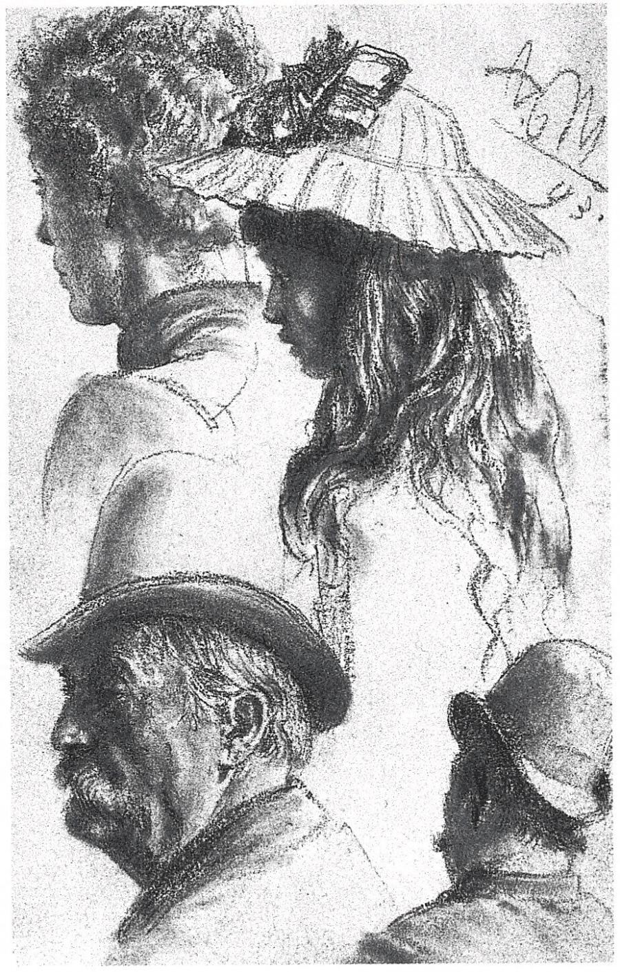 Studies of the Heads of Two Men Wearing Hats and Two Woman