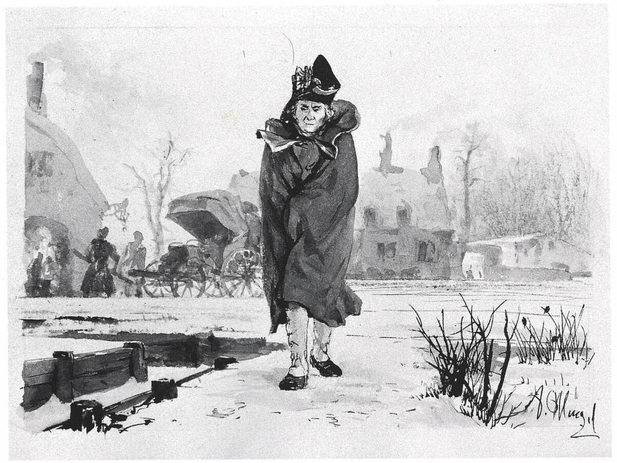 Voorwaarts schrijdende officier in een winters dorp ('De gebroken kruik')