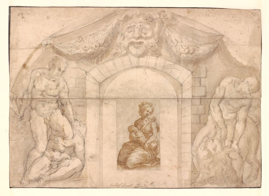 Ontwerp voor een tijdelijke boog, met Samson en de Filistijn en Hercules en de Nemeïsche leeuw