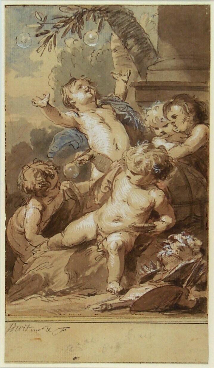 Allegorie op de Vergankelijkheid: vier putti spelend met zeepbellen, ontwerp voor een schoorsteenstuk voor huis Scholtenburg, Prins Hendrikkade 142 te Amsterdam