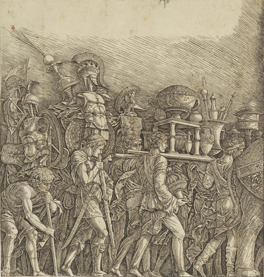 De triomftocht van Caesar: soldaten dragen trofeeën