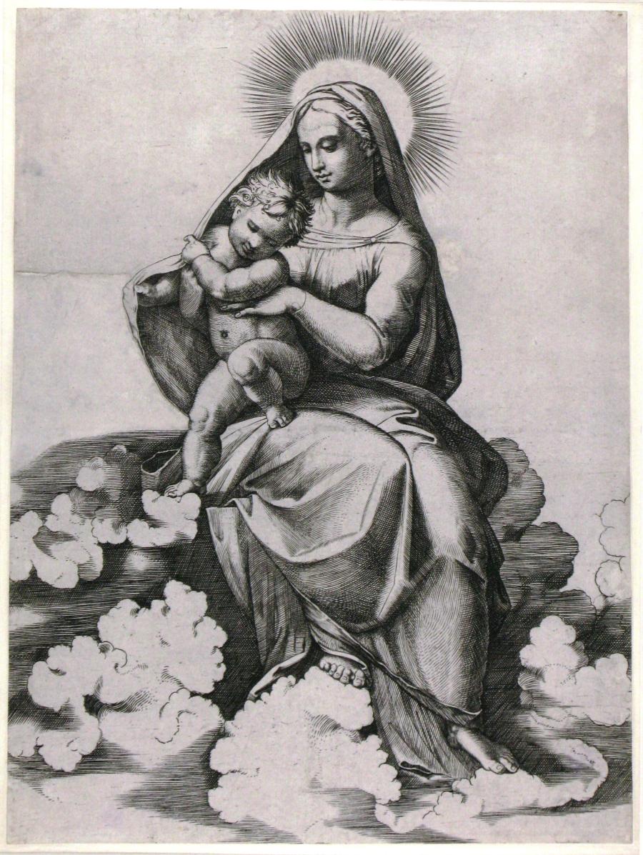 Maria met kind, op wolken gezeten