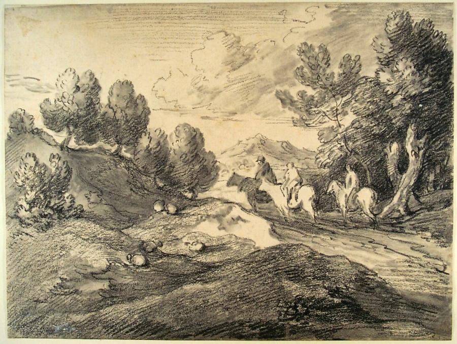 Heuvelachtig landschap met drie ruiters onderweg