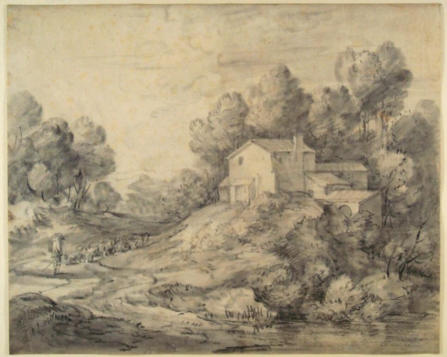 Wooded landscape with a Herdsman and His Herd near a House on a Hill-top