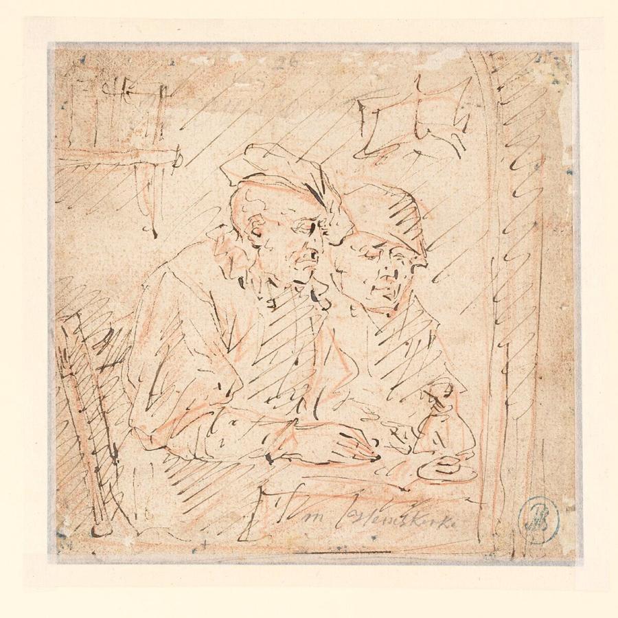 Twee figuren aan een tafel