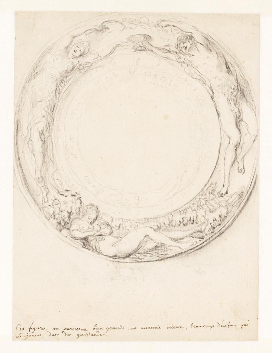 Ontwerp voor een ronde decoratieve schaal met figuren in de rand