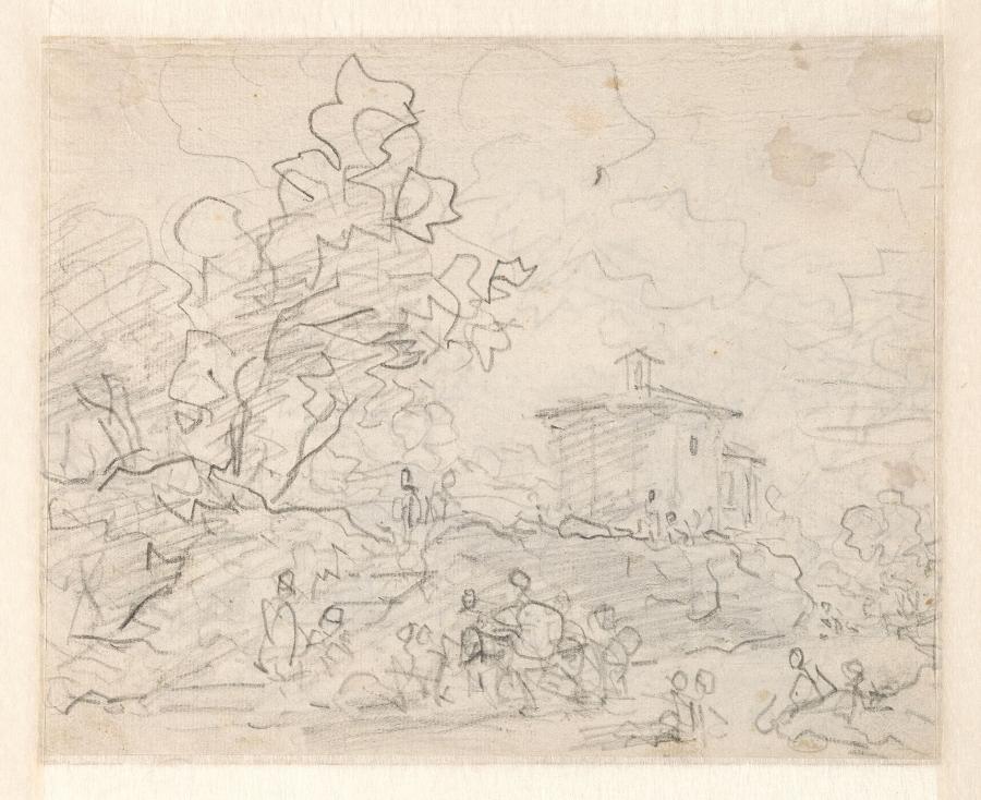 Two Figures Seated Beneath Trees Near a House