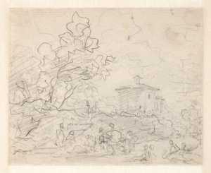 twee-figuren-zittend-onder-bomen-bij-een-huis
