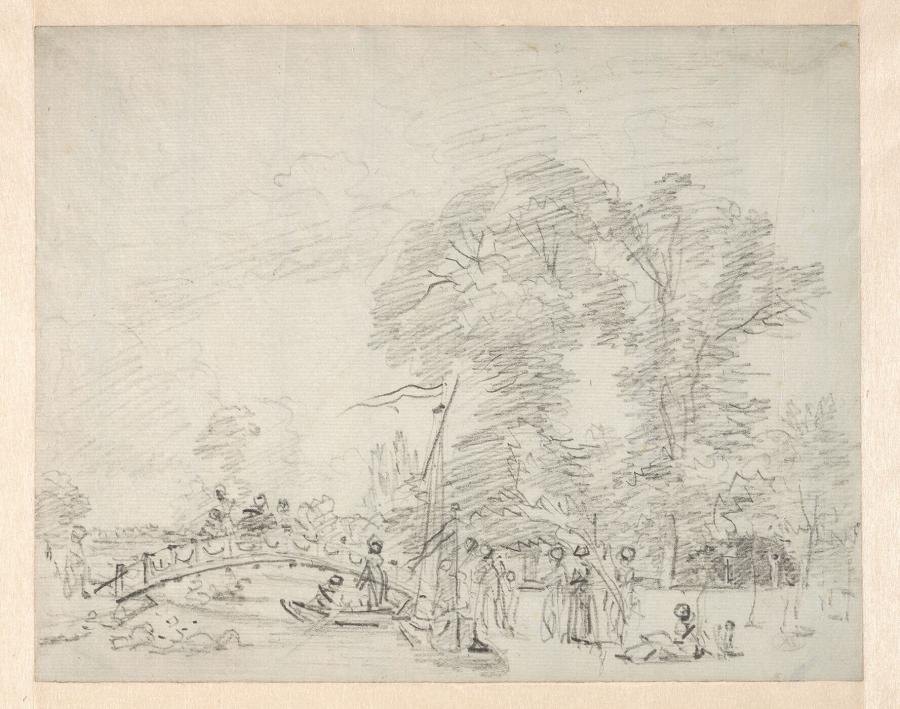 Figures and boats near a footbridge