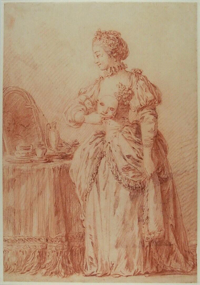 Woman with a mask, standing in front of a mirror