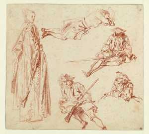 study-of-four-resting-soldiers-and-a-standing-woman