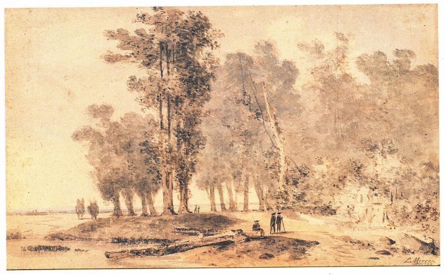 Parkgezicht met wandelende figuren