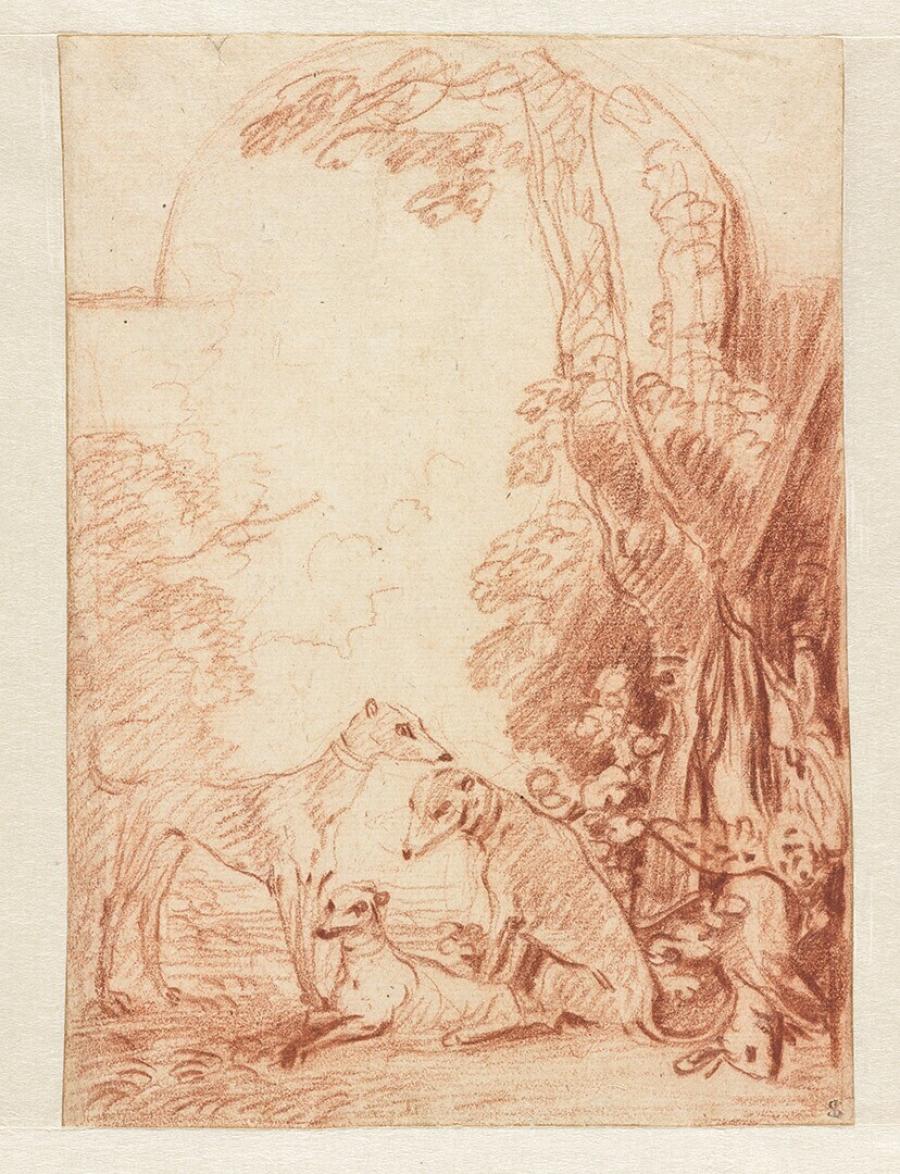 Study for an arched decorative panel with three hunting dogs and dead game
