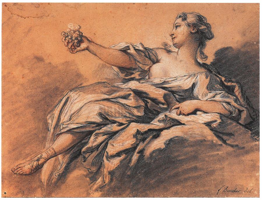 Bacchante Seated on a Cloud, Holding Grapes in her Outstretched Right Hand