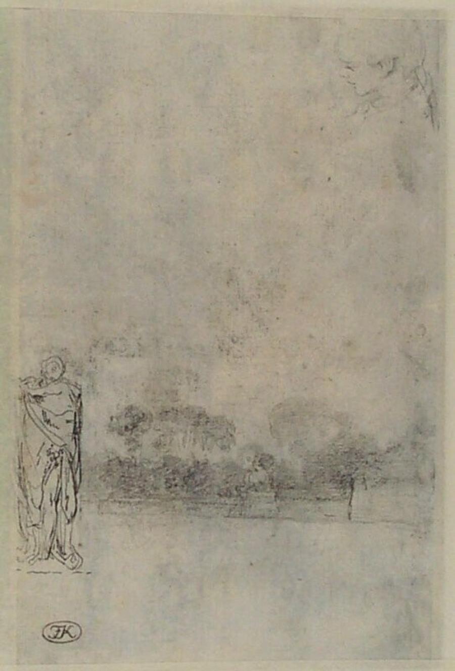 Studies van een gedrapeerde figuur, een park, en een portret van een jongen