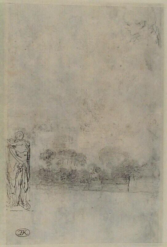Studies van een gedrapeerde figuur, een park, en een portret van een jongen