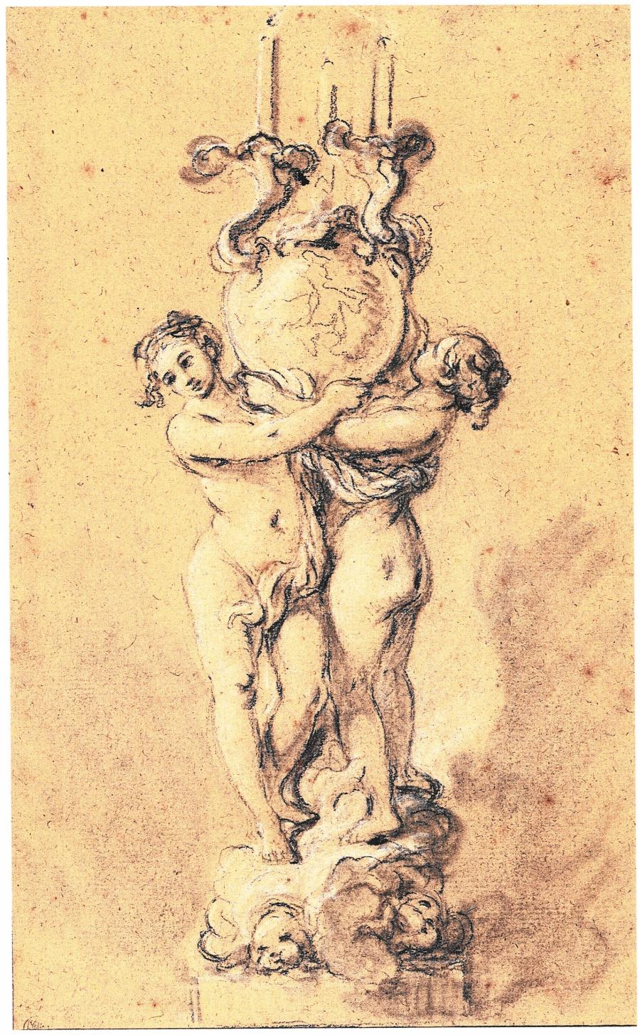 Study for a Chandelier with Two Female Nude Figures Holding a Globe