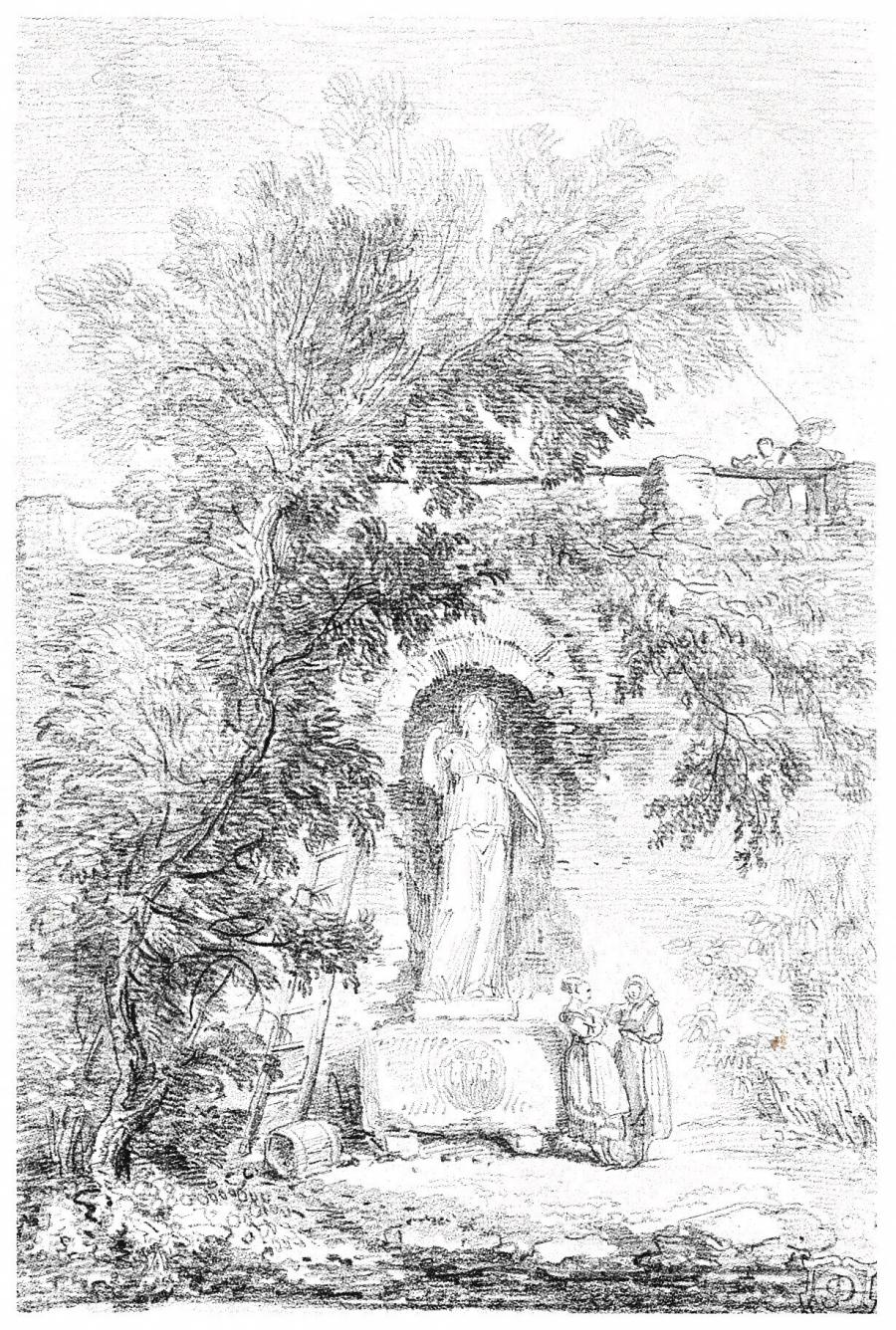 View of a Garden Wall with a Standing Female Sculpture in a Niche Behind  a Sarcophagus