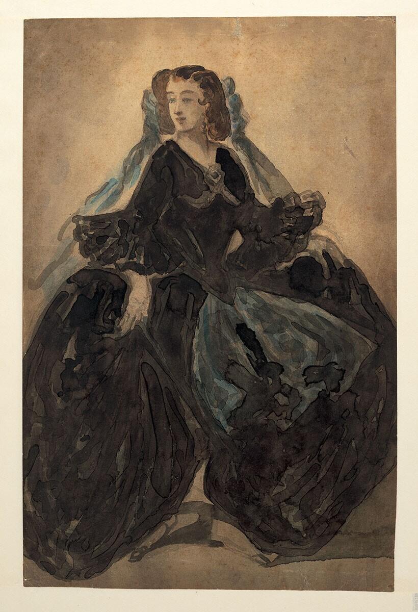 Standing Lady in Black Robe With Blue Veil
