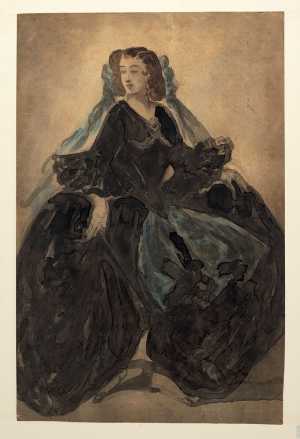 staande-dame-in-zwart-gewaad-met-blauwe-sluier