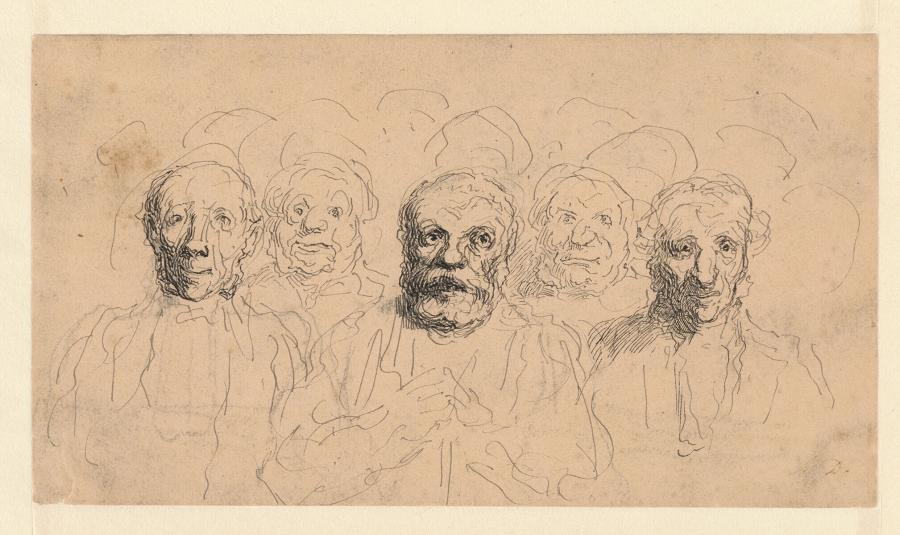 Studie van vijf mannenkoppen in een menigte ('Spectateurs au Théâtre')
