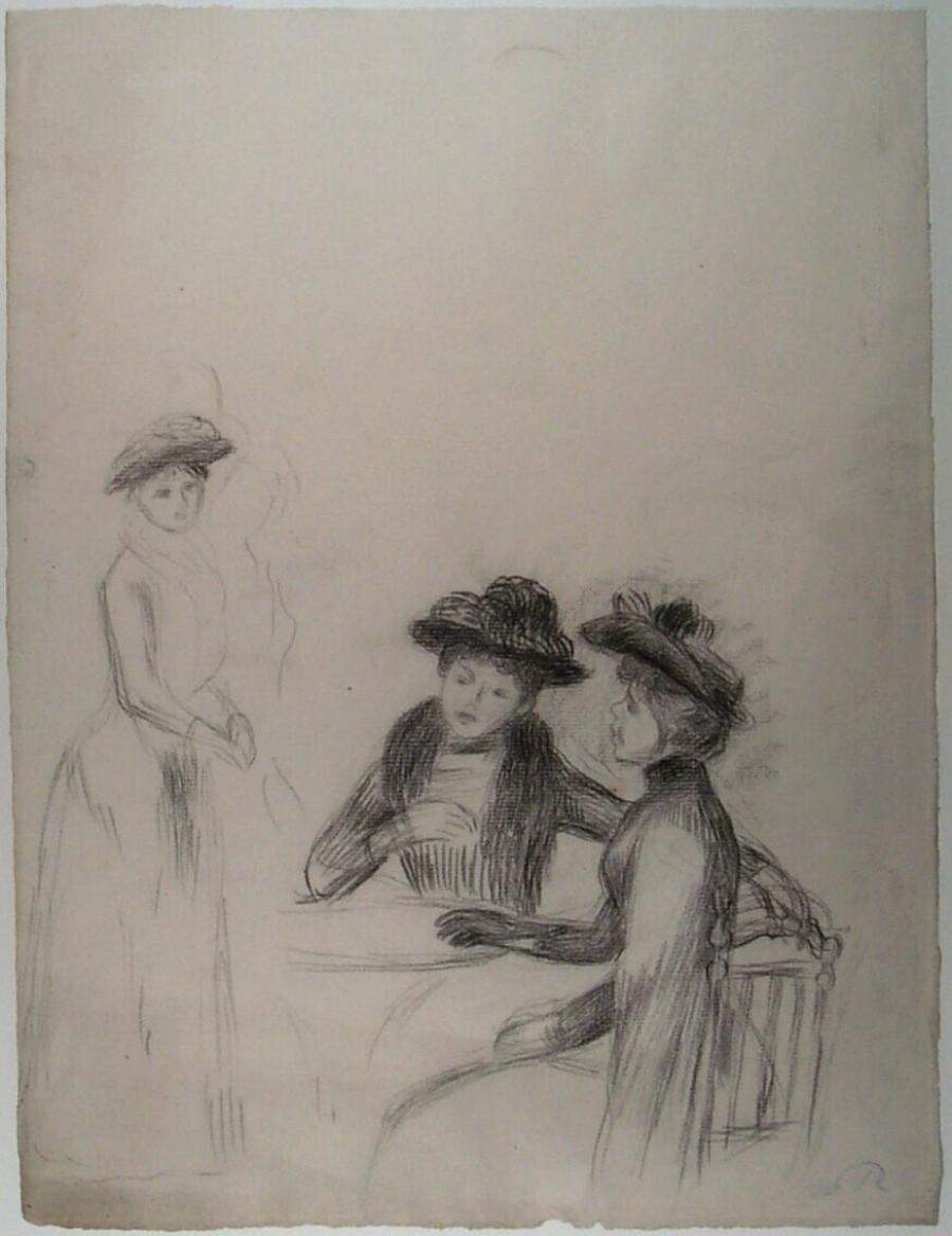 Drie vrouwen met hoeden in een café