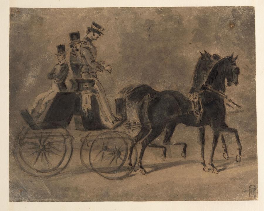 Three men in a carriage drawn by two horses
