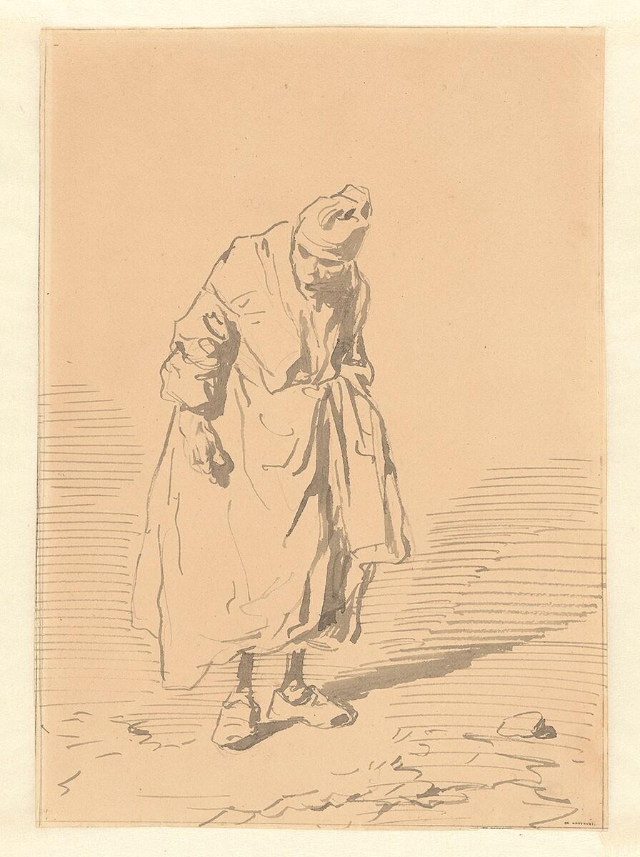 Studie van een staande oude vrouw