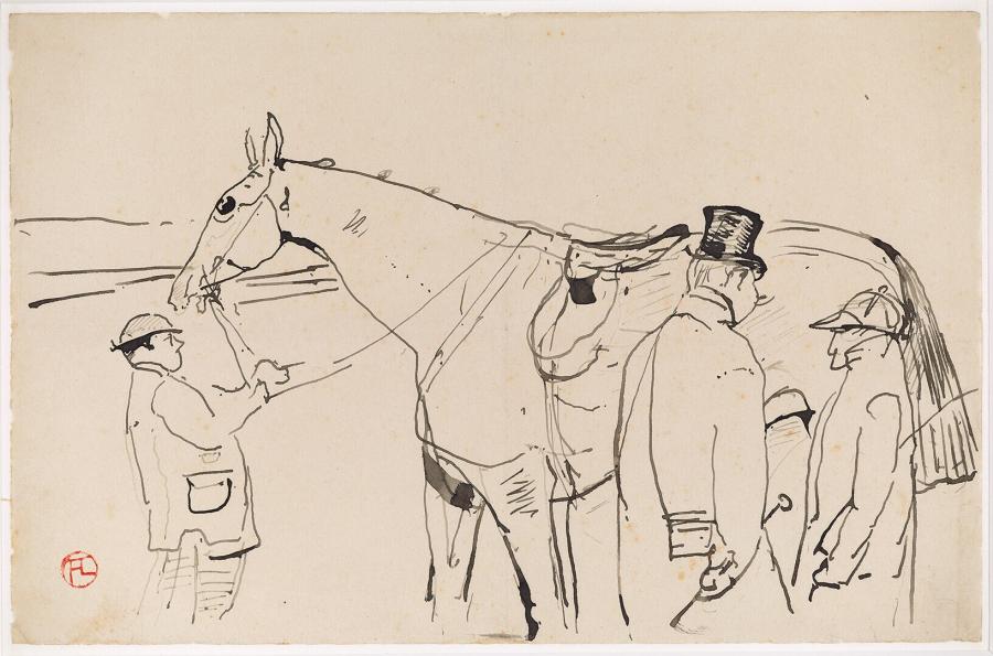 Gentleman in Conversation with a Jockey next to a Racehorse
