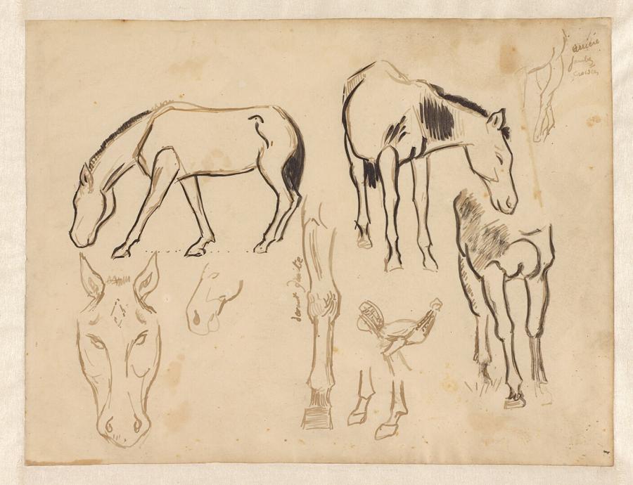 Studieblad met paarden en een haan