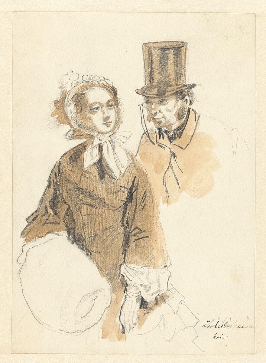 Studie van een jonge vrouw en een man met hoed. Studie voor de lithografie 'La biche au bois' (1858), in de reeks 'Par-ci, par là'