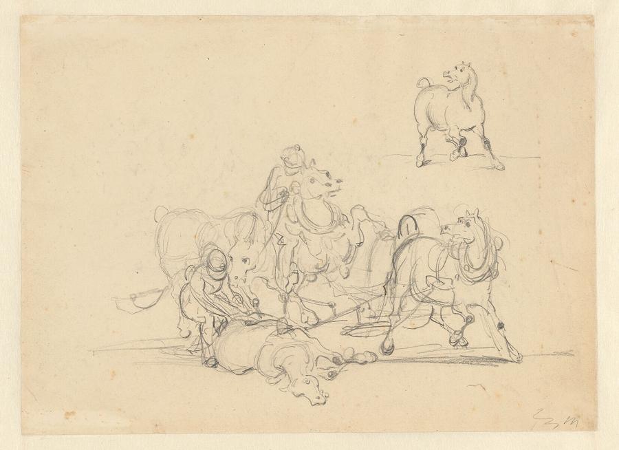 Four-Horse Team with a Fallen Horse in Front and Study of a Horse
