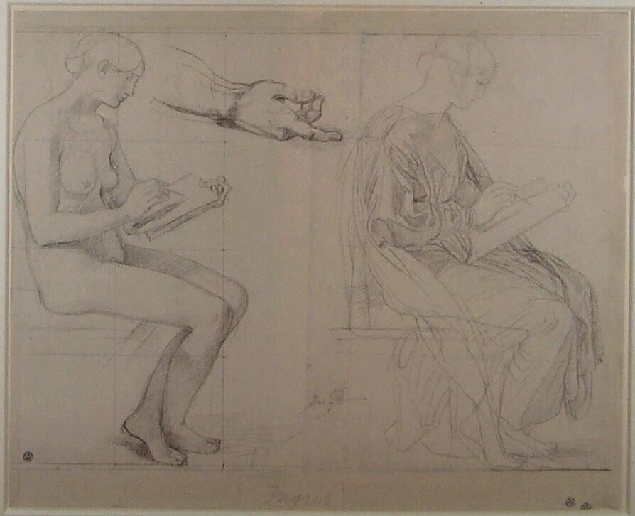 Two Studies of a Seated Woman Drawing, Naked and Clothed, and One of of a Man's Hand