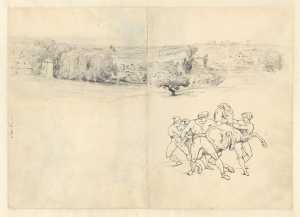 studieblad-met-een-landschap-en-een-schets-van-paardentemmers-studie-voor-de-course-de-chevaux-libres
