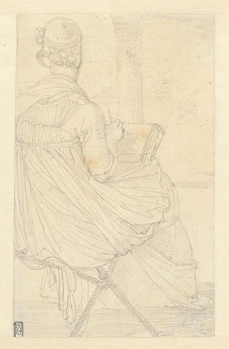 The English Artist Elisabeth Harvey Drawing, Seated and Seen from the Back