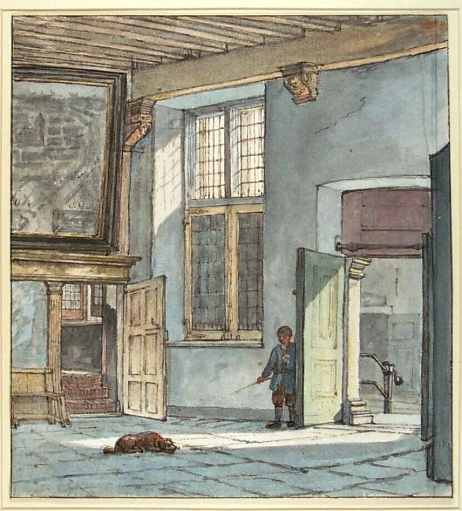 Entrance Hall of a Large House with a Boy and a Dog