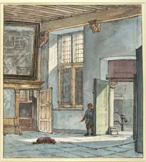 entrance-hall-of-a-large-house-with-a-boy-and-a-dog