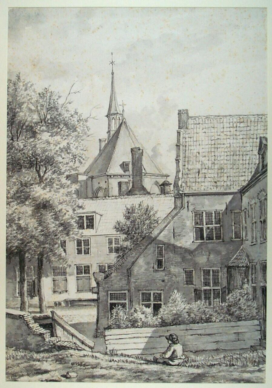 Hollands stadsgezicht, een kerk in de achtergrond