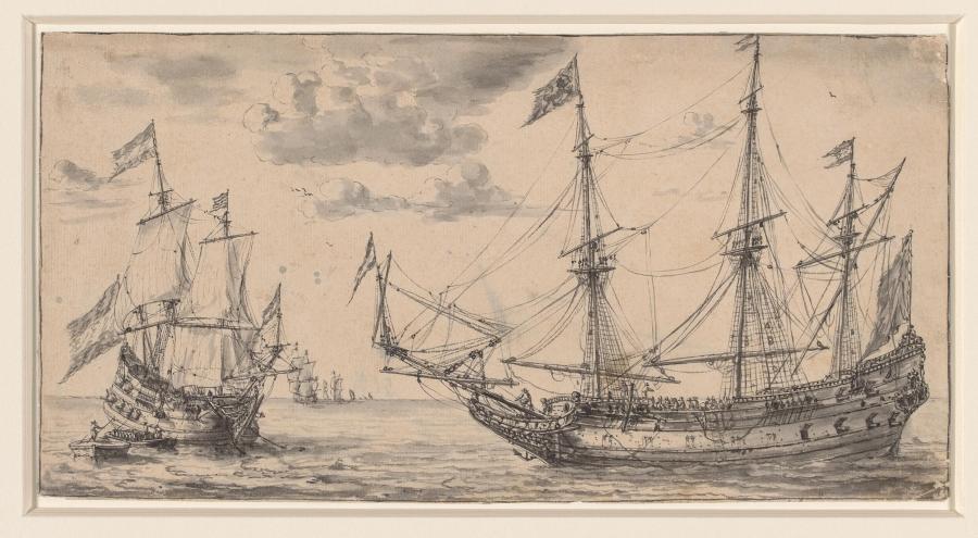 Oorlogsschepen op zee, links een schip voor anker en twee sloepen
