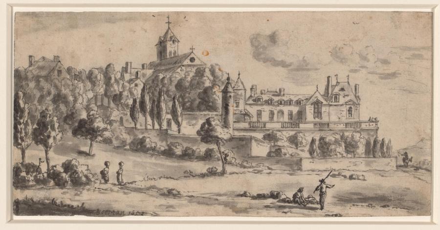 Gezicht op een park en kasteel met kerk