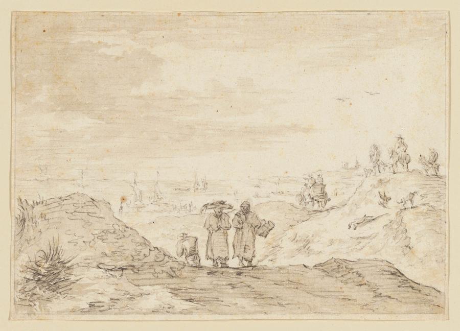 View of Dunes and Sea with Fishermen