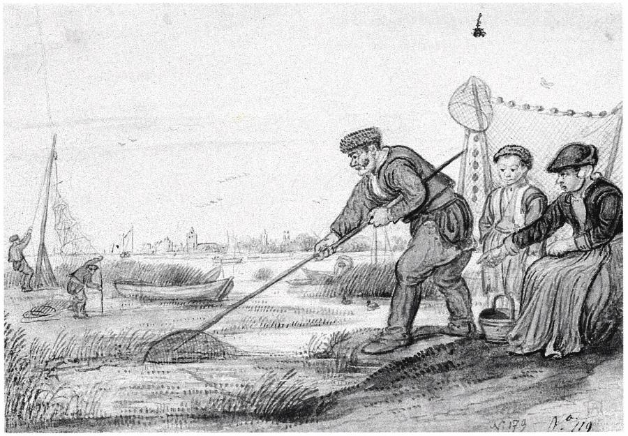 Vissersfamilie vissend aan de oever van een rivier