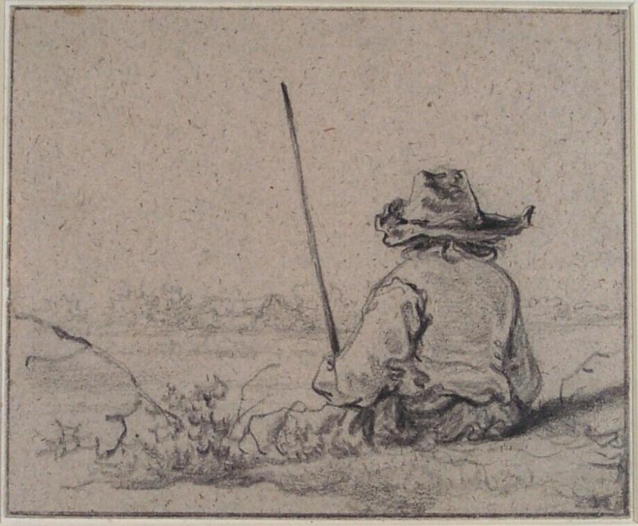 Zittende herder op de rug gezien