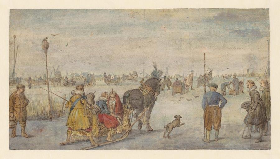 Winterlandschap met een slede en schaatsers op een bevroren kanaal