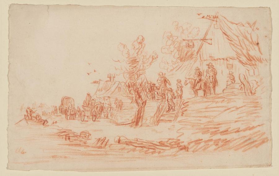 Farm Carts and Riders in front of an Inn by the River