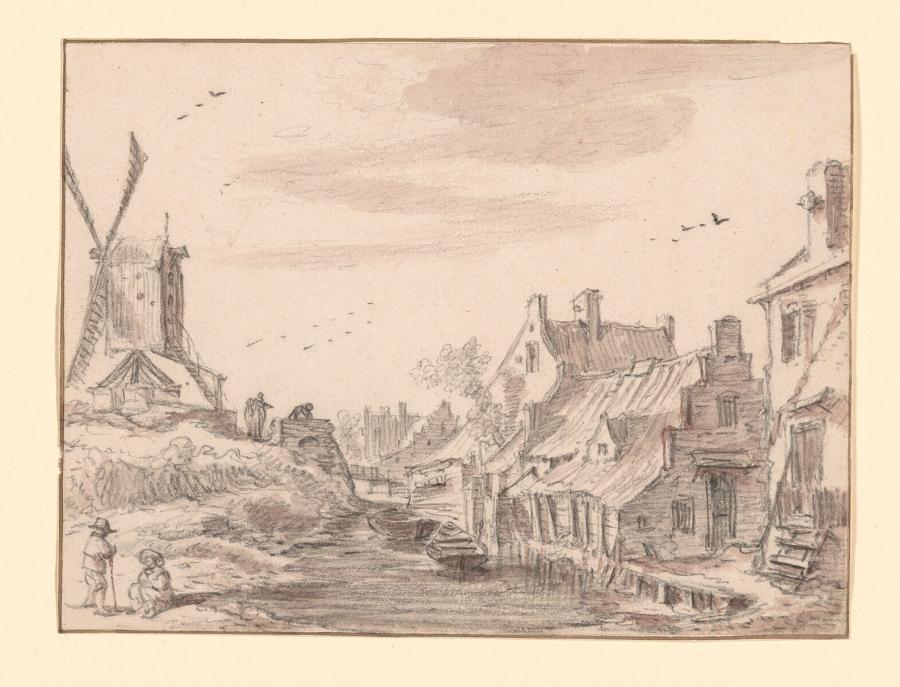Stream at the Back of a Row of Houses, a Mill on the Left