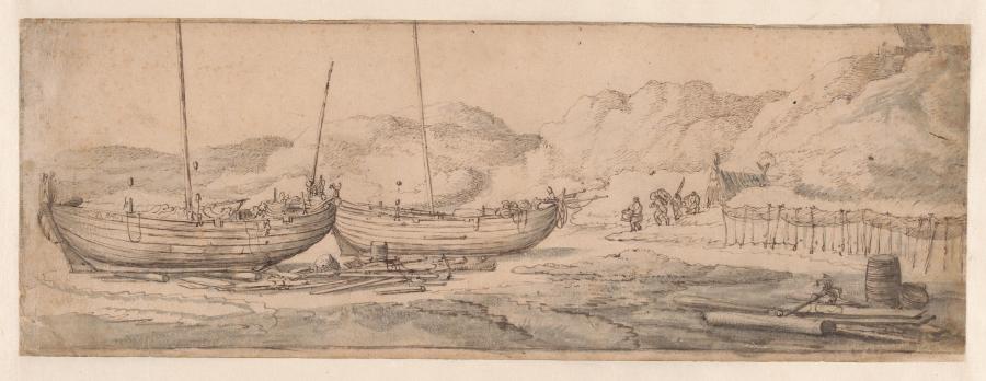 Two Fisher Boats on the Shore, Dunes in the Background